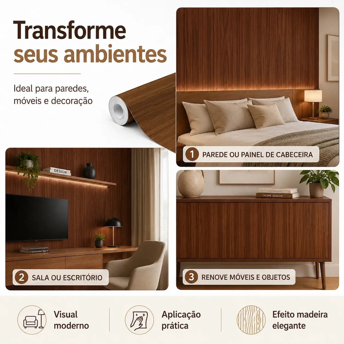 Papel De Parede Adesivo Madeira Jacarandá Autocolante Lavável Vinil Acetinado Envelopar Móveis e paredes rolo 10 Metros X 45cm — imagem 2
