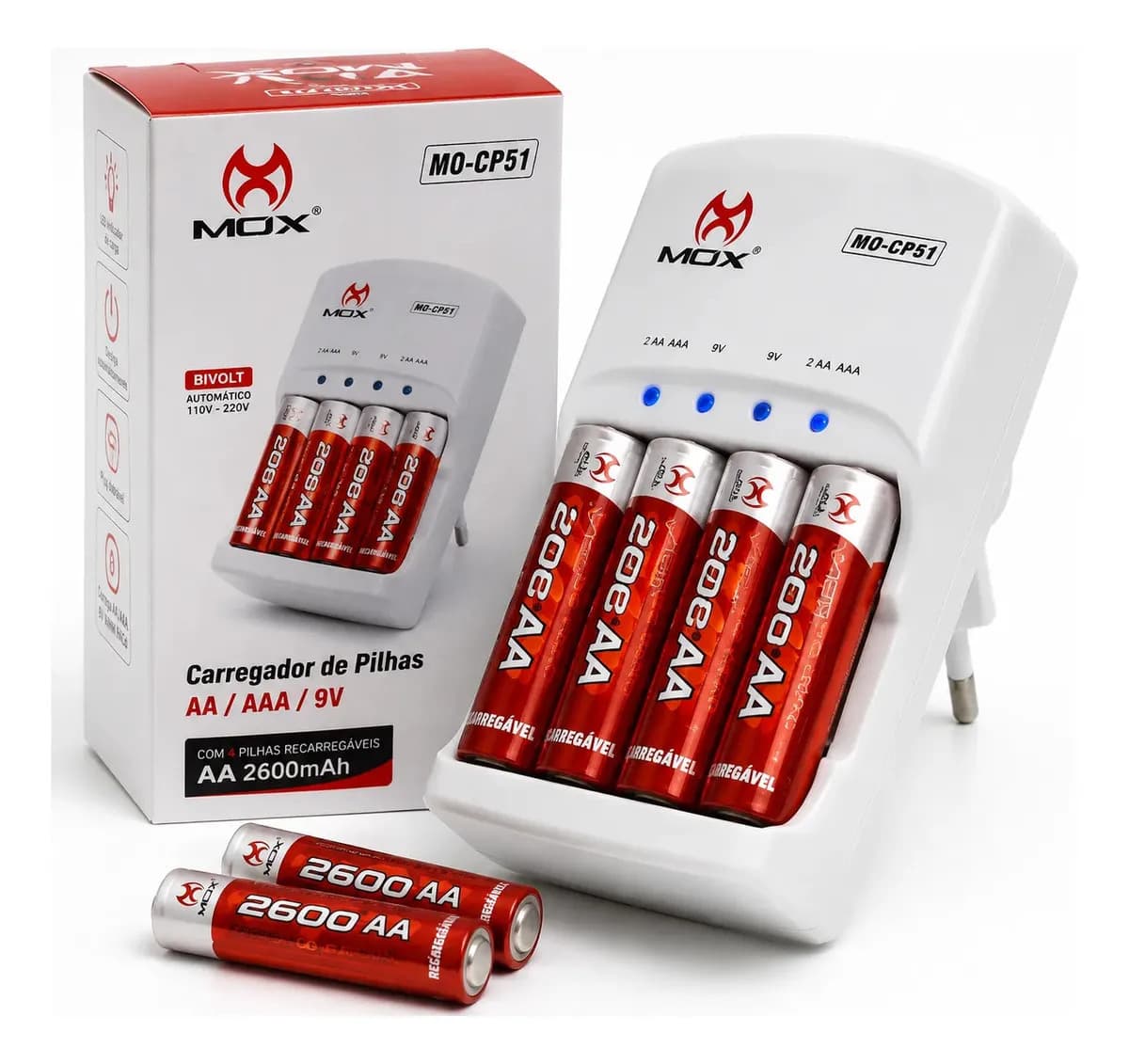 Carregador de Pilhas AA AAA 9V Bivolt MOX com 4 Pilhas Recarregáveis — imagem 3