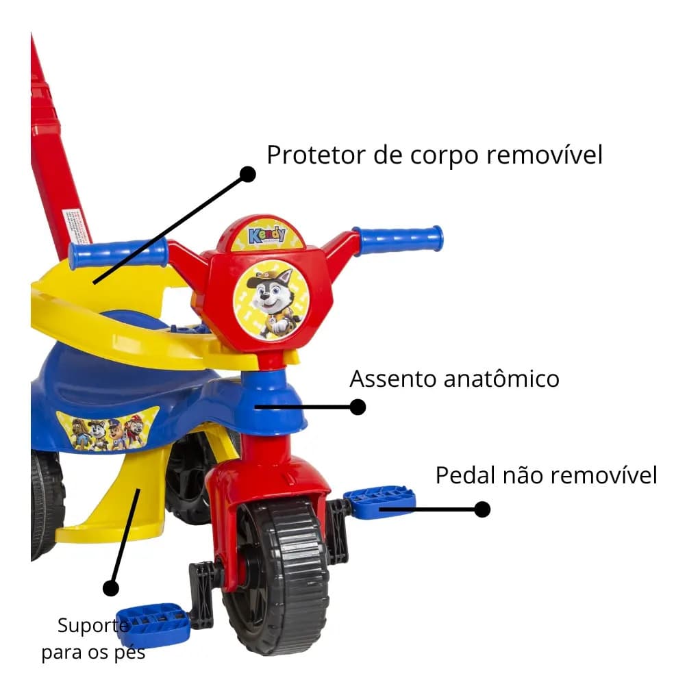 Triciclo Kendy Patrulha Canina Infantil Baby Dog Azul e Vermelho com Haste e Apoio de Pés — imagem 2