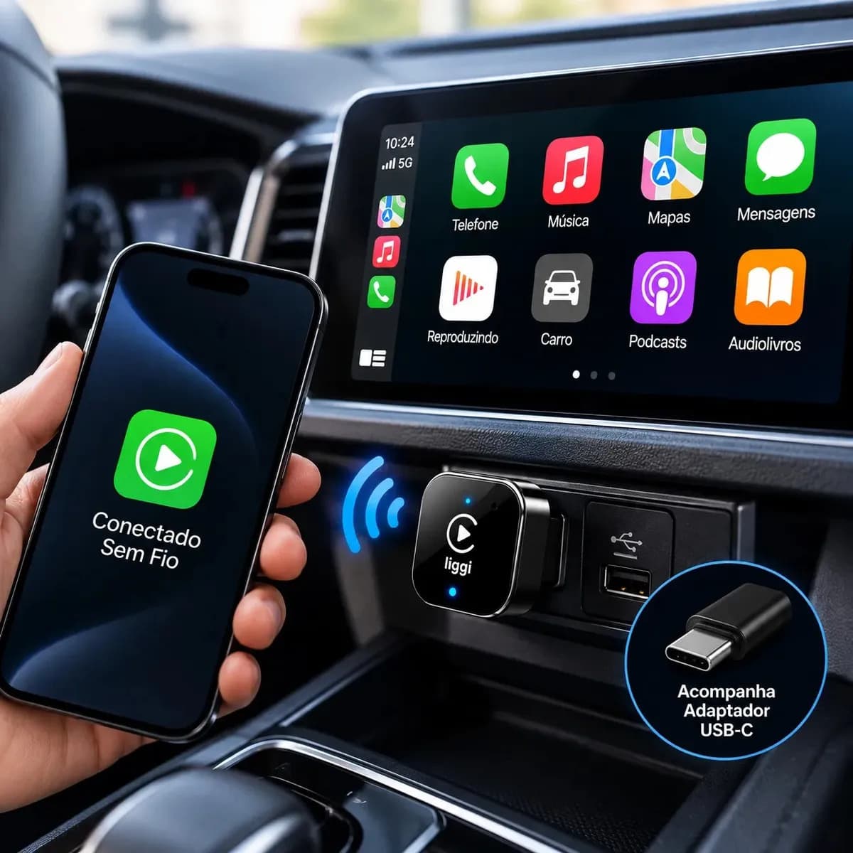 Adaptador CarPlay Sem Fio Android Auto 2 Em 1 USB Wireless Car Play Automático Liggi — imagem 2