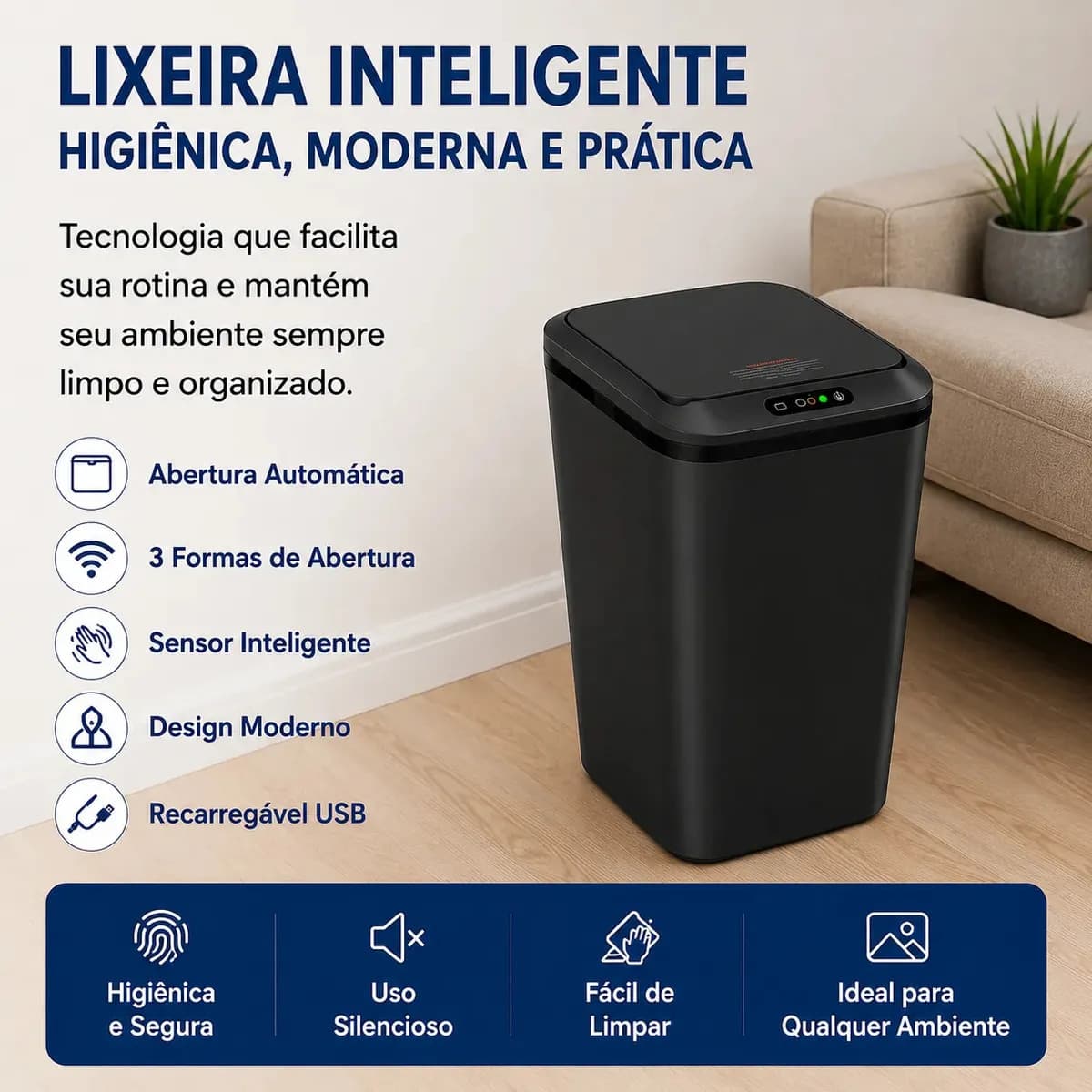 Lixeira Quadrada Preta 16L Inteligente Automática com Sensor para Banheiro e Cozinha — imagem 6