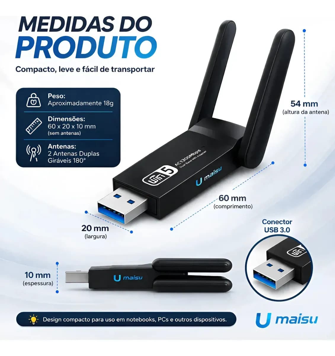 Adaptador Wifi Usb 3.0 Placa De Rede Para Computador Pc Notebook Dual Band 1300Mbps Gigabit 2 Antenas - Gurumania — imagem 3