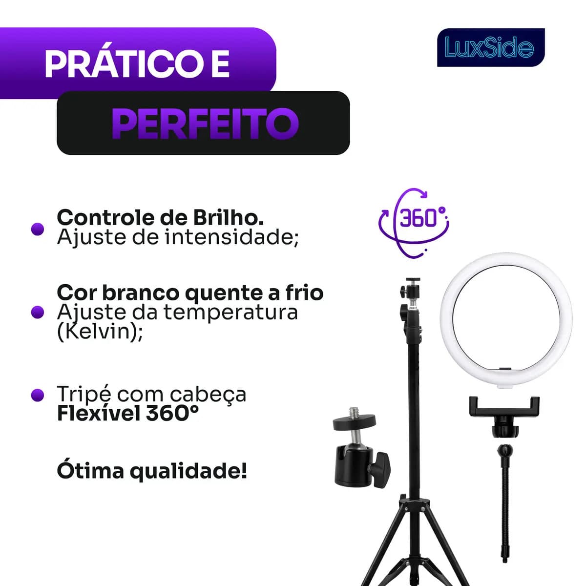Ring Light 10 Polegadas Com Tripé 2,10m Profissional Video Maker Suporte Celular E Led 3 Cores Iluminação Maquiagem E Gravações Luxside — imagem 4