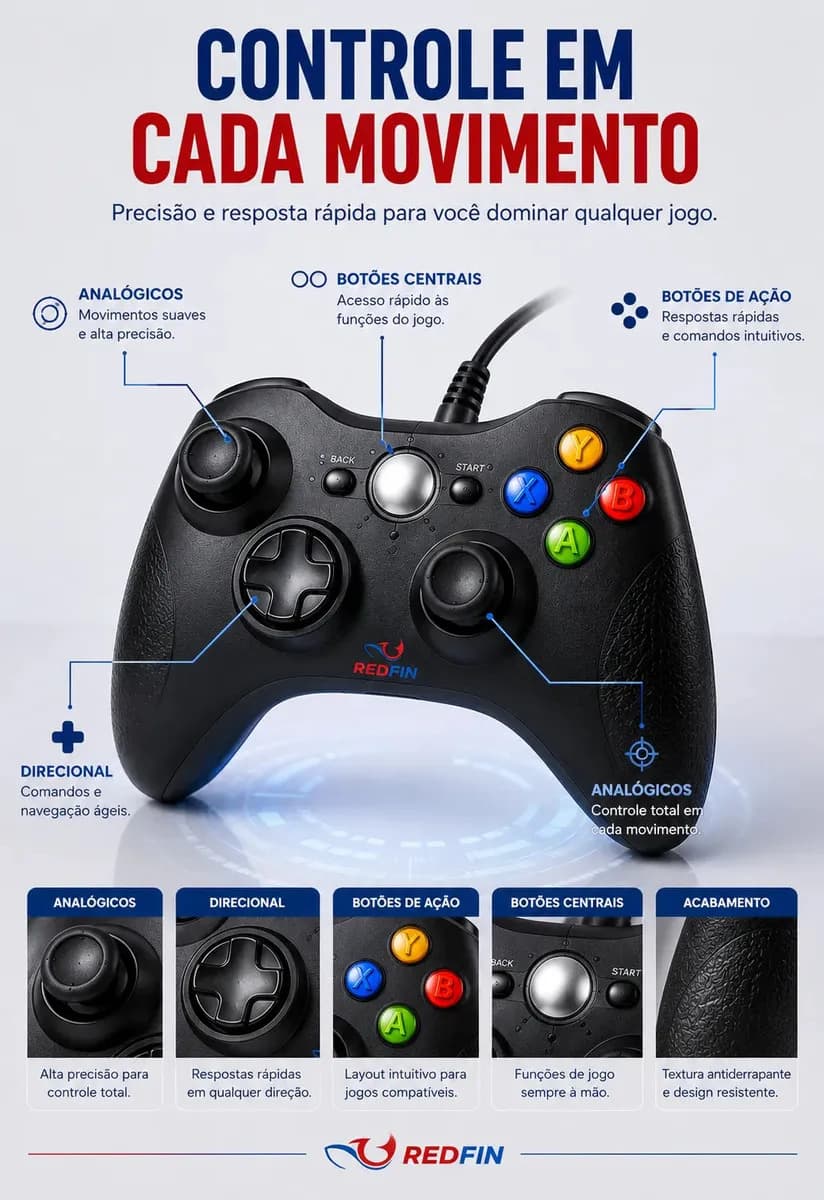 Controle Para Xbox 360 Com Fio USB Joystick Manete Gamepad Controle PC Gamer Para Computador Windows Steam Game Pass Android Gamepass TV Vibração Analógico Ergo — imagem 2