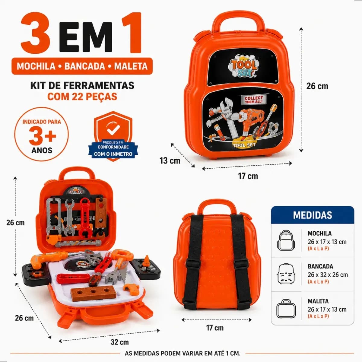 Kit Ferramentas Infantil 3 em 1 Pratitudo Toys com 22 Peças – Vira Mochila e Bancada — imagem 4