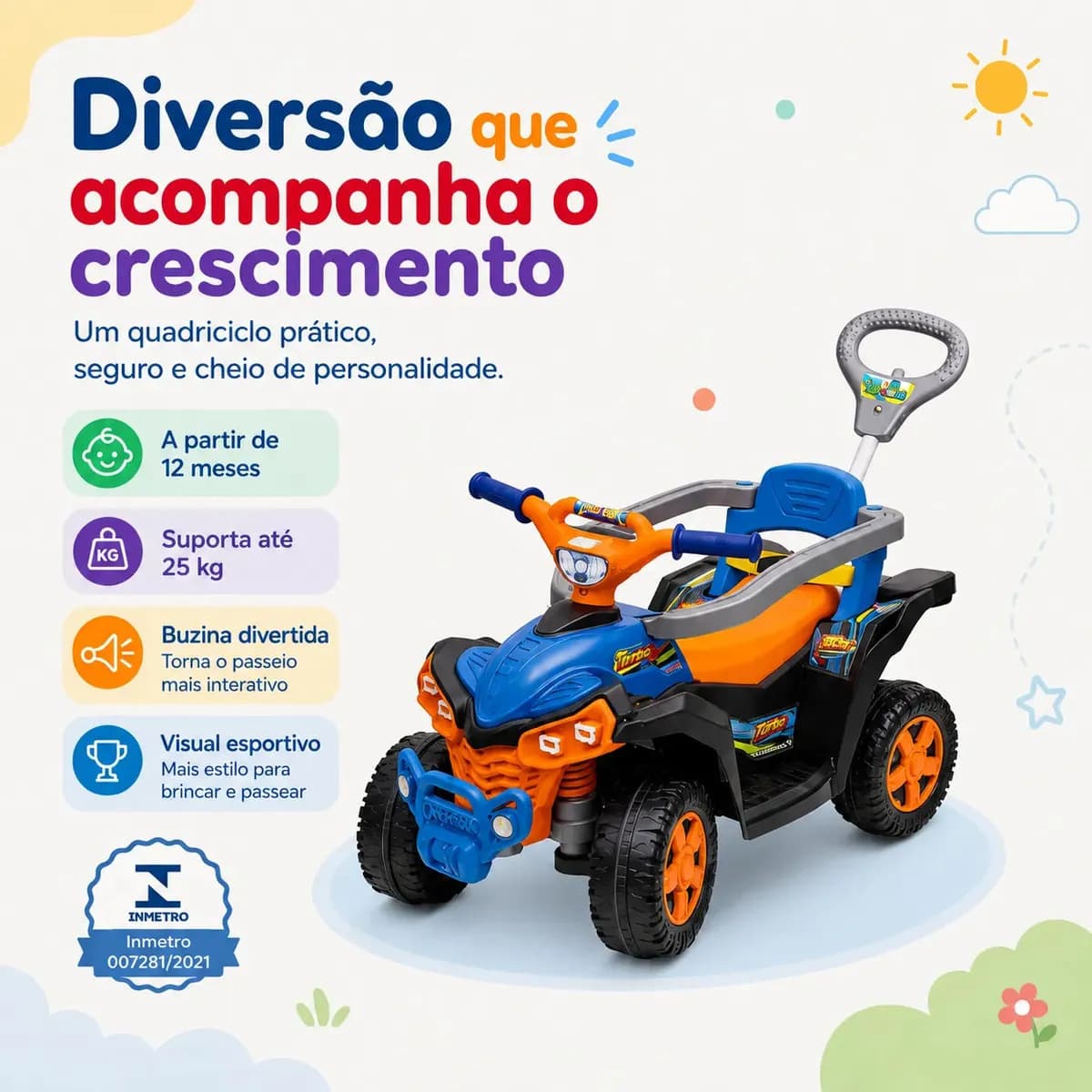Carrinho De Passeio Wheels Quadriciclo Infantil Andador Empurrador Maral Baby Quad Laranja — imagem 5