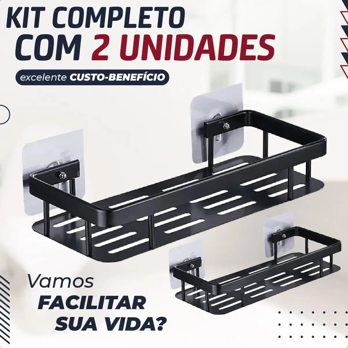 Kit 2 Suporte Porta Shampoo Sabonete Prateleira Banheiro Adesivo Parede Sem Furar Box Luxo Cor Preto Homeroarte — imagem 2