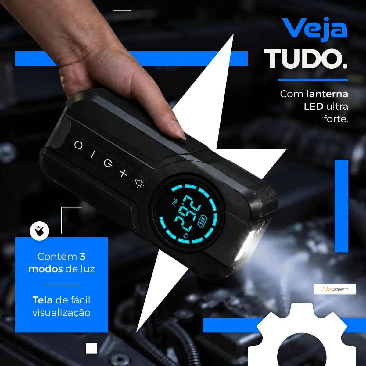 AuxiIiar de Partida Carregador Bateria Com Compressor De Ar Portátil VeicuIar Emergência 6 em 1 InteIigente Digital 12V CaIibrador Pneu Automotivo Lanterna LED  — imagem 4