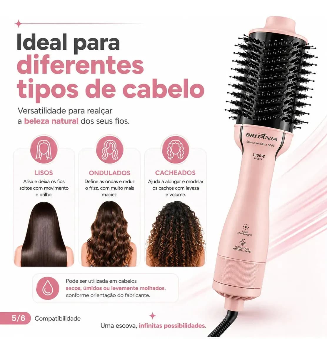 Escova Secadora 4 Em 1 Britânia Bec07r Cerâmica 1300w Bivolt Rosa — imagem 3