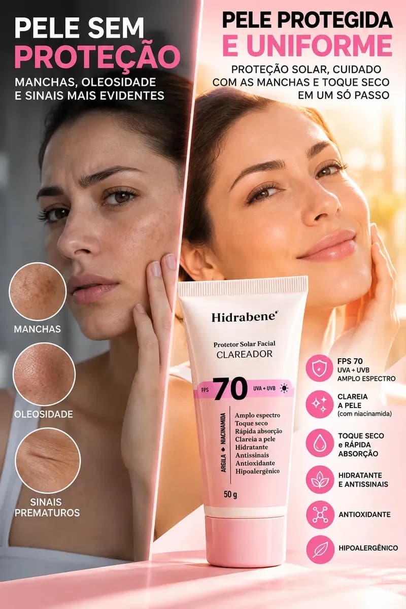 Hidrabene Protetor facial Solar FPS 70 Toque Seco Antissinais Clareia a pele 50g — imagem 5