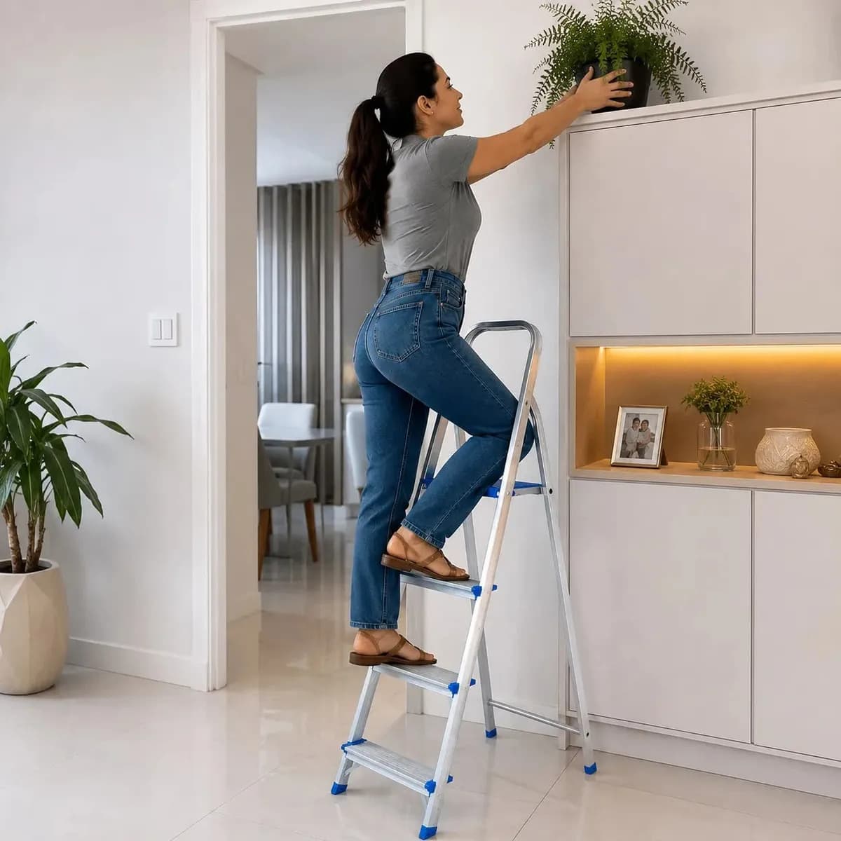 Escada Alumínio Doméstica 4 Degraus Reforçada Real Escadas Cor Prateado/Azul — imagem 4