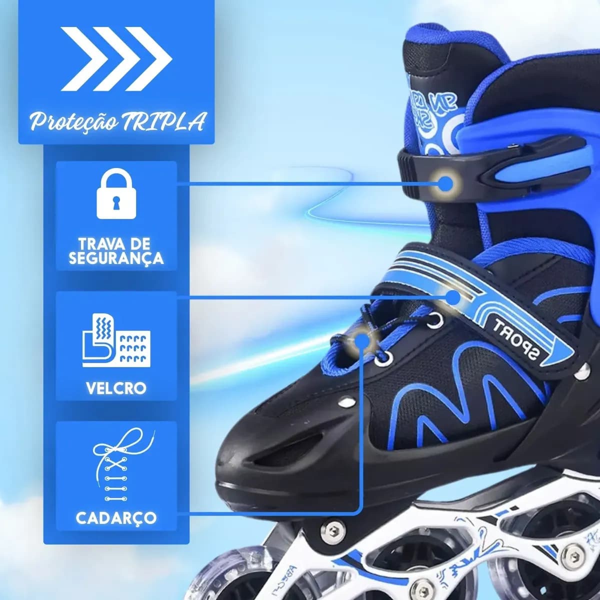 Patins Infantil Ajustável 4 Rodas Inline Roller Kit Proteção Azul- (m) — imagem 5