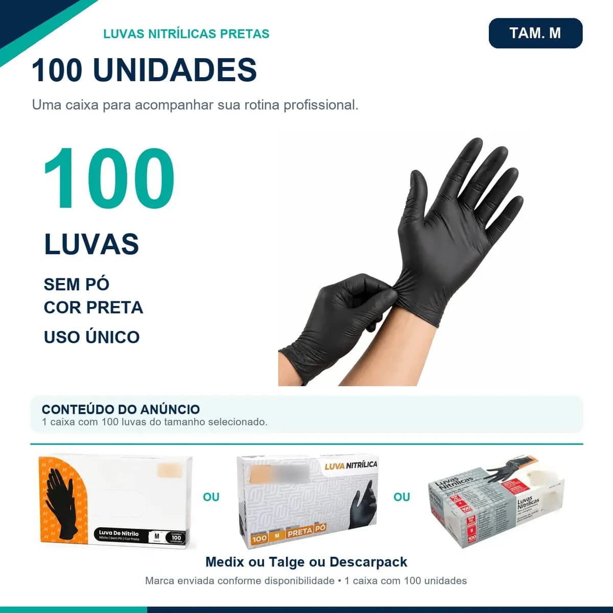 Luva Nitrílica Preta Descartável Tamanho M 100 Unidades antiderrapantes — imagem 2
