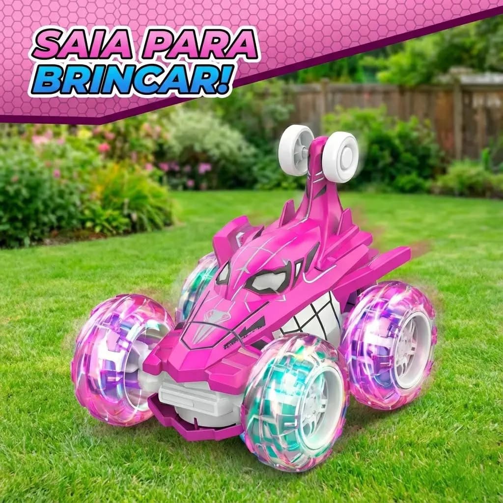 Carrinho Recarregável Controle Remoto Acrobata Gira 360 Graus Aranha Spider Rosa Pink Com Luzes Color Efeitos Especiai Colorido Brinquedo Encantado Infantil Men — imagem 4