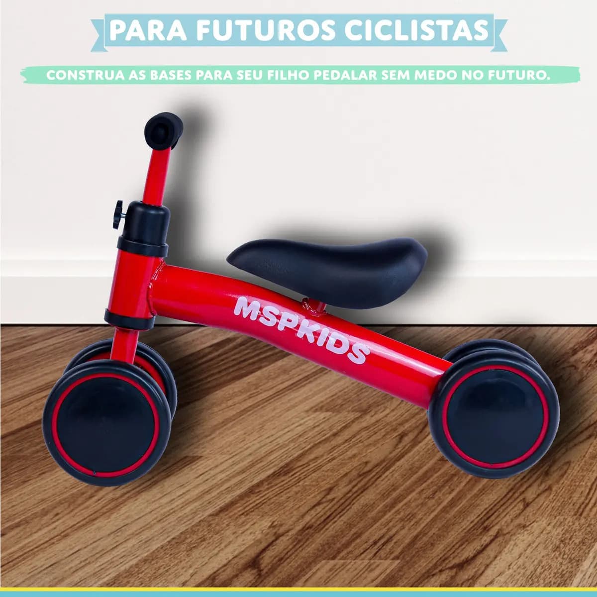 Bicicleta Bebê 4 Rodas Sem Pedal MSP Kids Vermelha, Bicicleta de Equilíbrio Infantil com 4 Rodas Largas, Estrutura em Aço Carbono, Manoplas Antiderrapantes e Gu — imagem 6