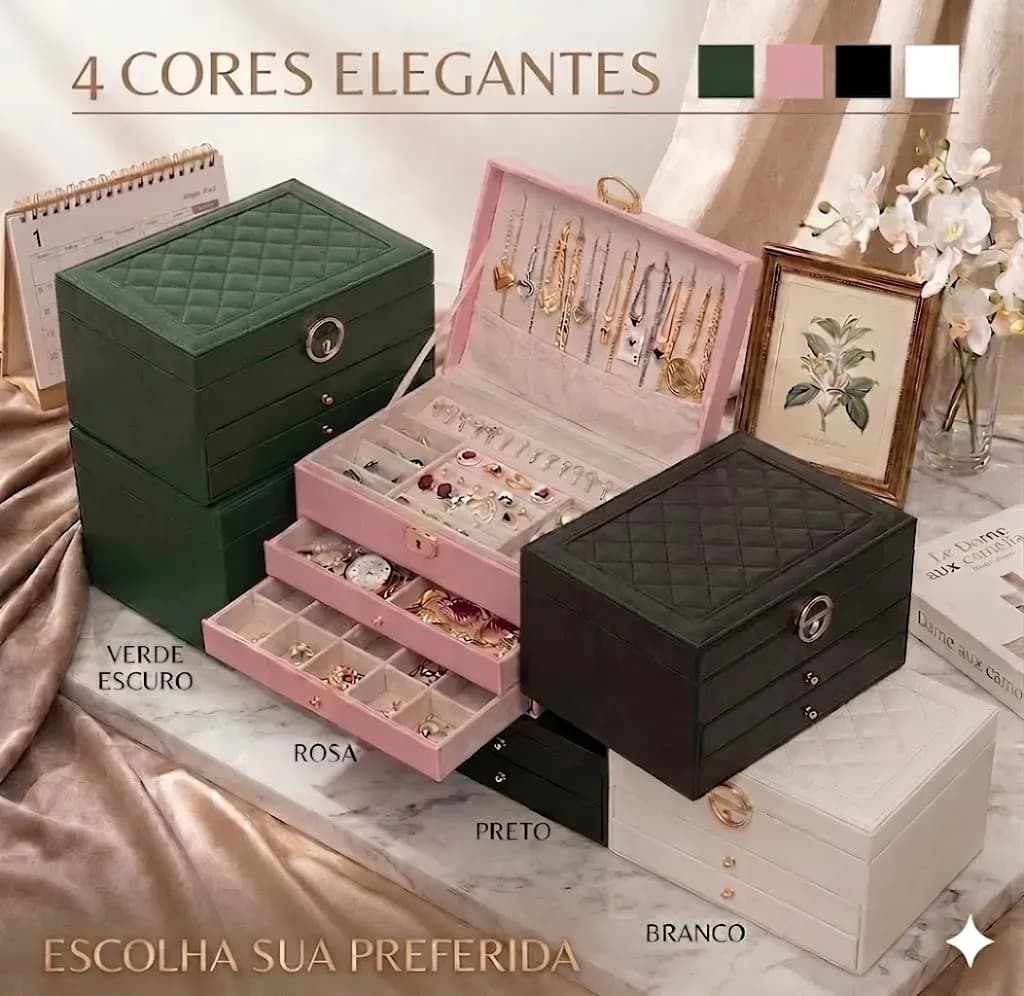 Porta Joias 3 Camadas Couro Caixa De Jóias Feminina Cor Rosa — imagem 2