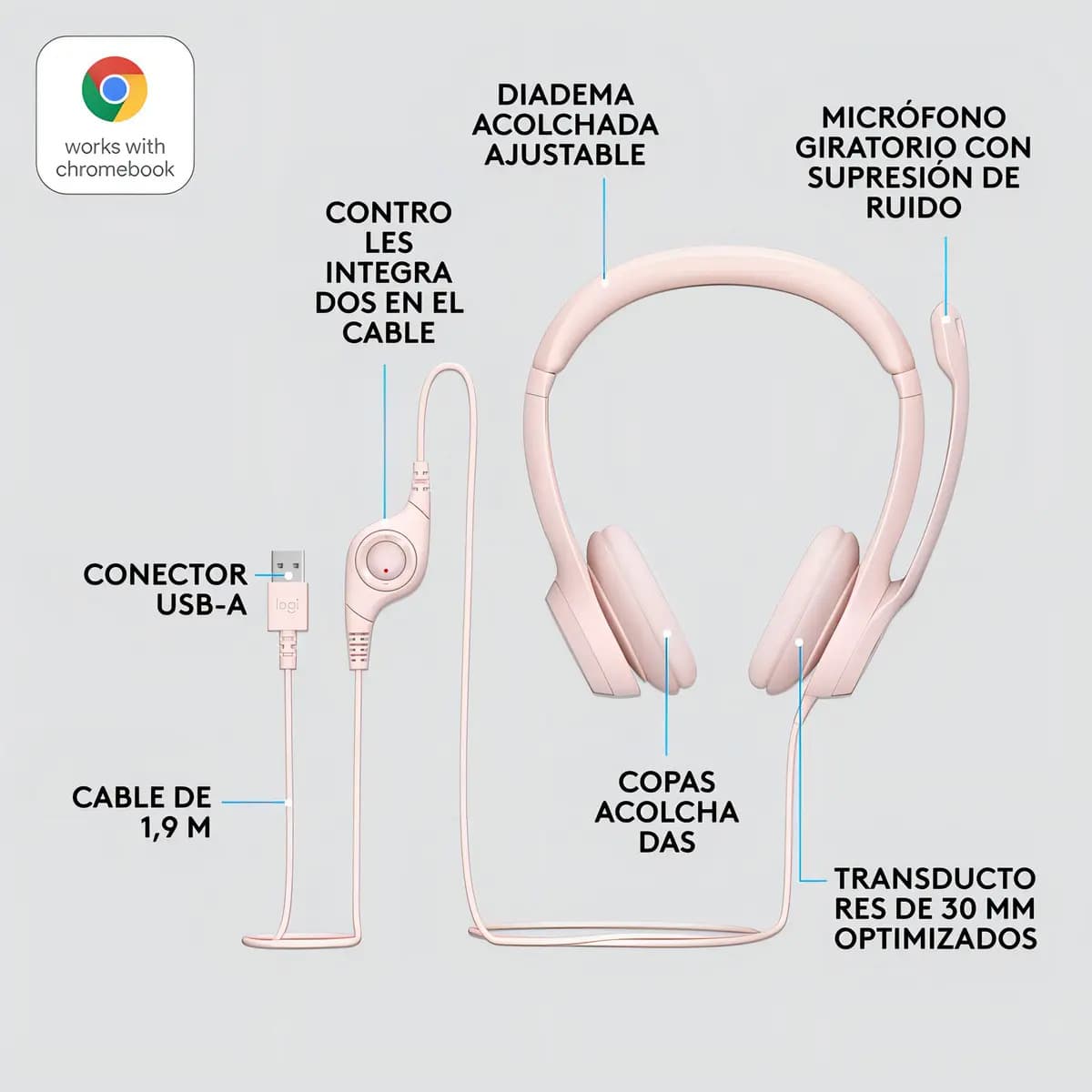 Fone De Ouvido Com Fio Usb H390 Rosa Logitech Luz Nude — imagem 6