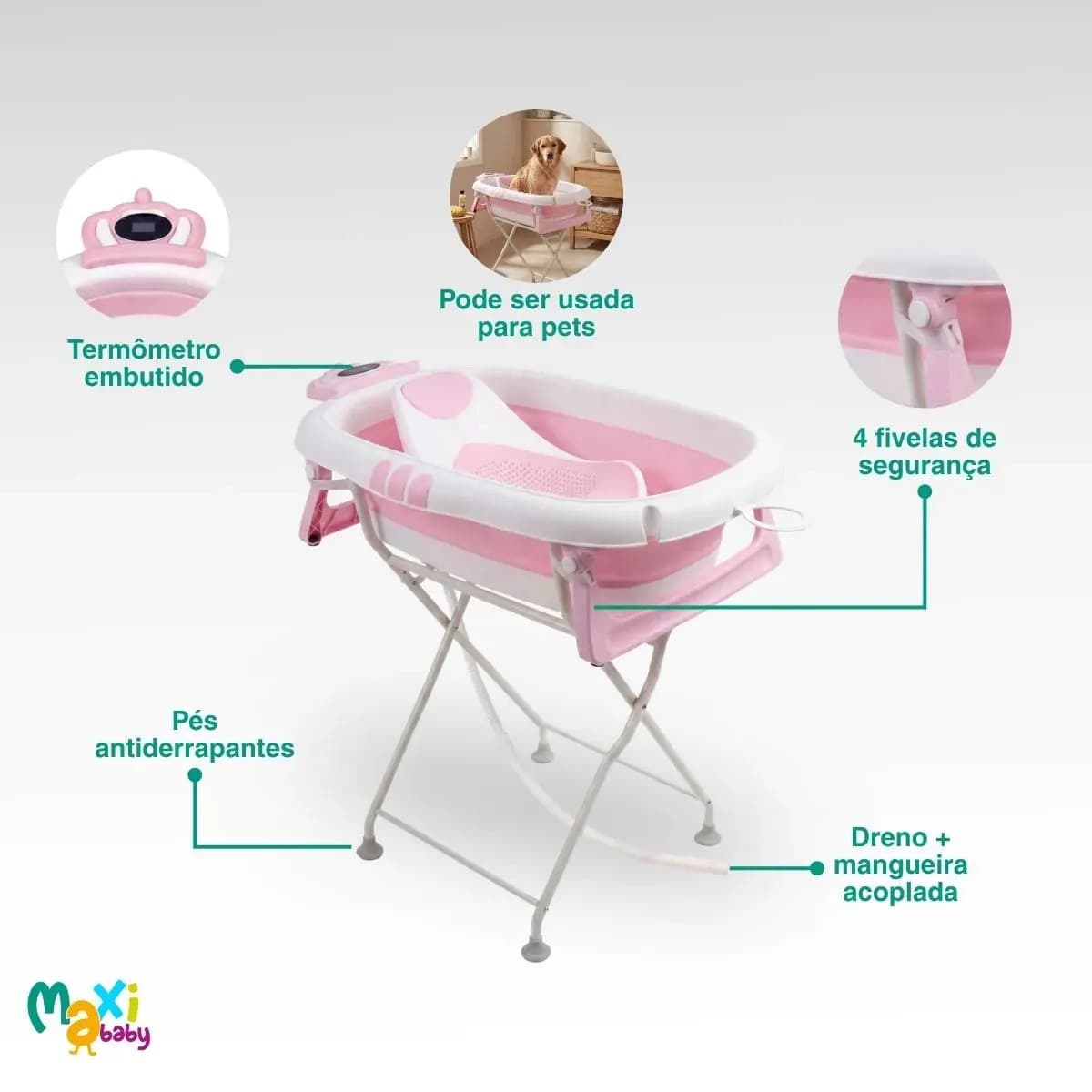 Banheira Bebê Dobrável Com Suporte Redutor Assento E Termômetro Embutido Até 20kg Melon Maxi Baby - Rosa — imagem 5