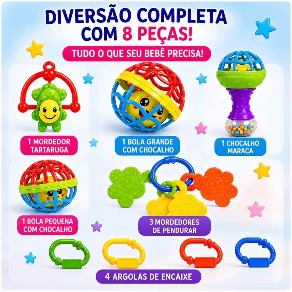 Kit Mordedor para Bebê brinquedo Sensorial Silicone com Chocalho 8 Peças Coloridas — imagem 2
