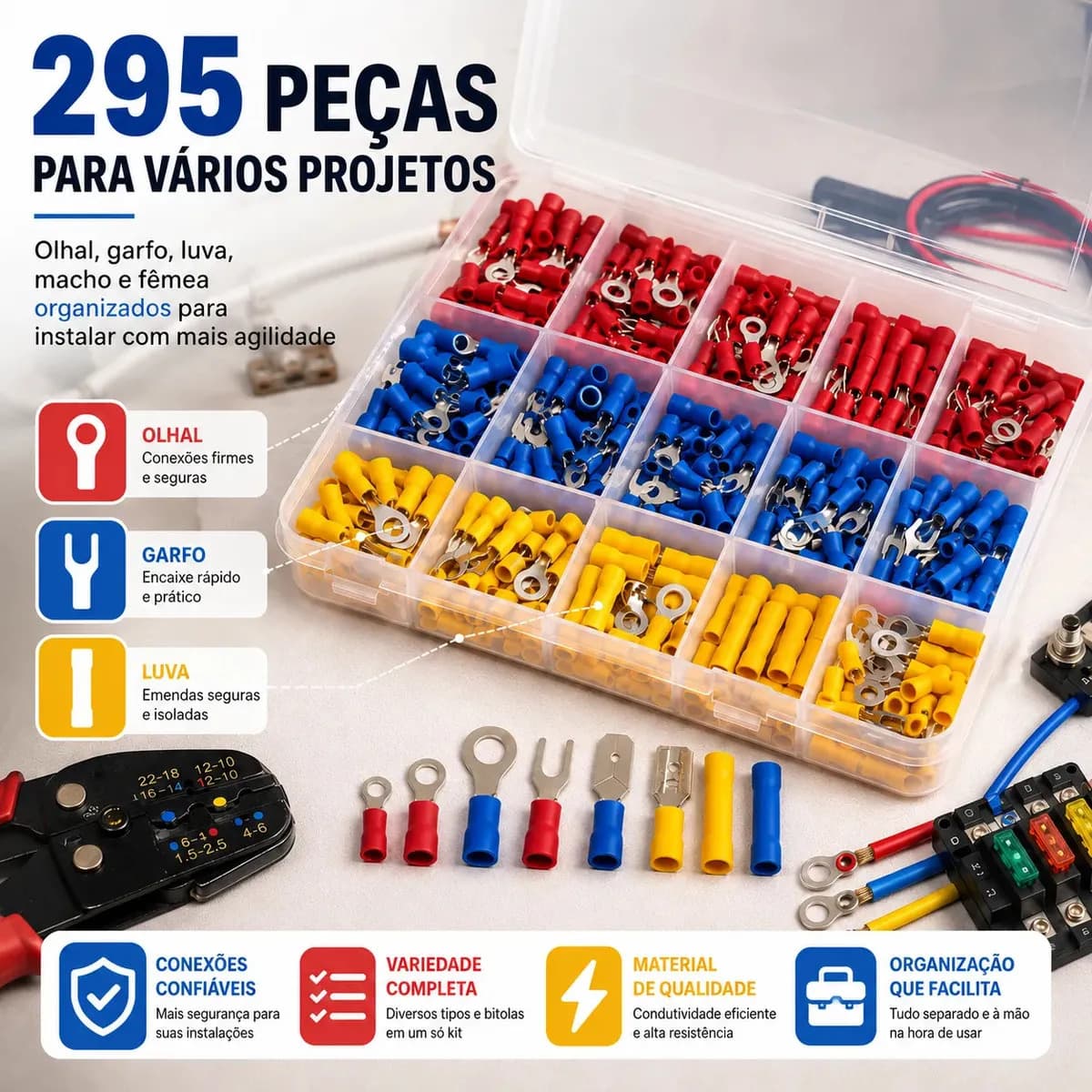 Kit 295 Terminais Elétricos Conectores Pré-isolado Conector Emenda Chicote Crimpar forquilha Olhal Garfo Luva Faston Automotivo Variados Macho Fêmea Com Caixa O — imagem 3