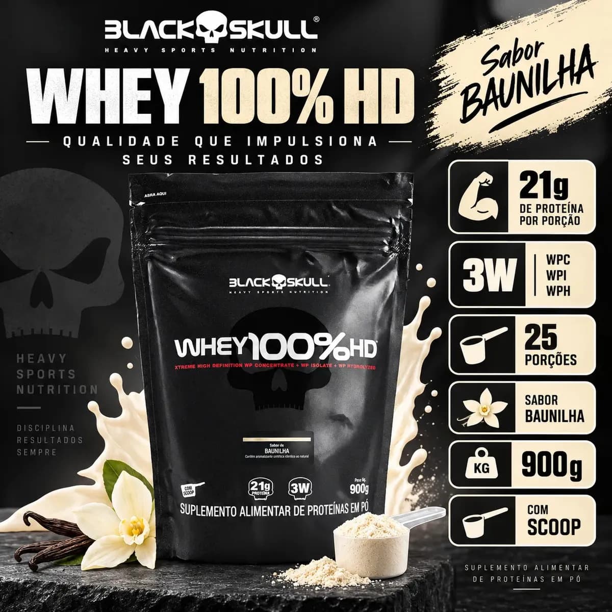 Proteína Black Skull Whey 100% HD em pó sabor Baunilha x 900g — imagem 3