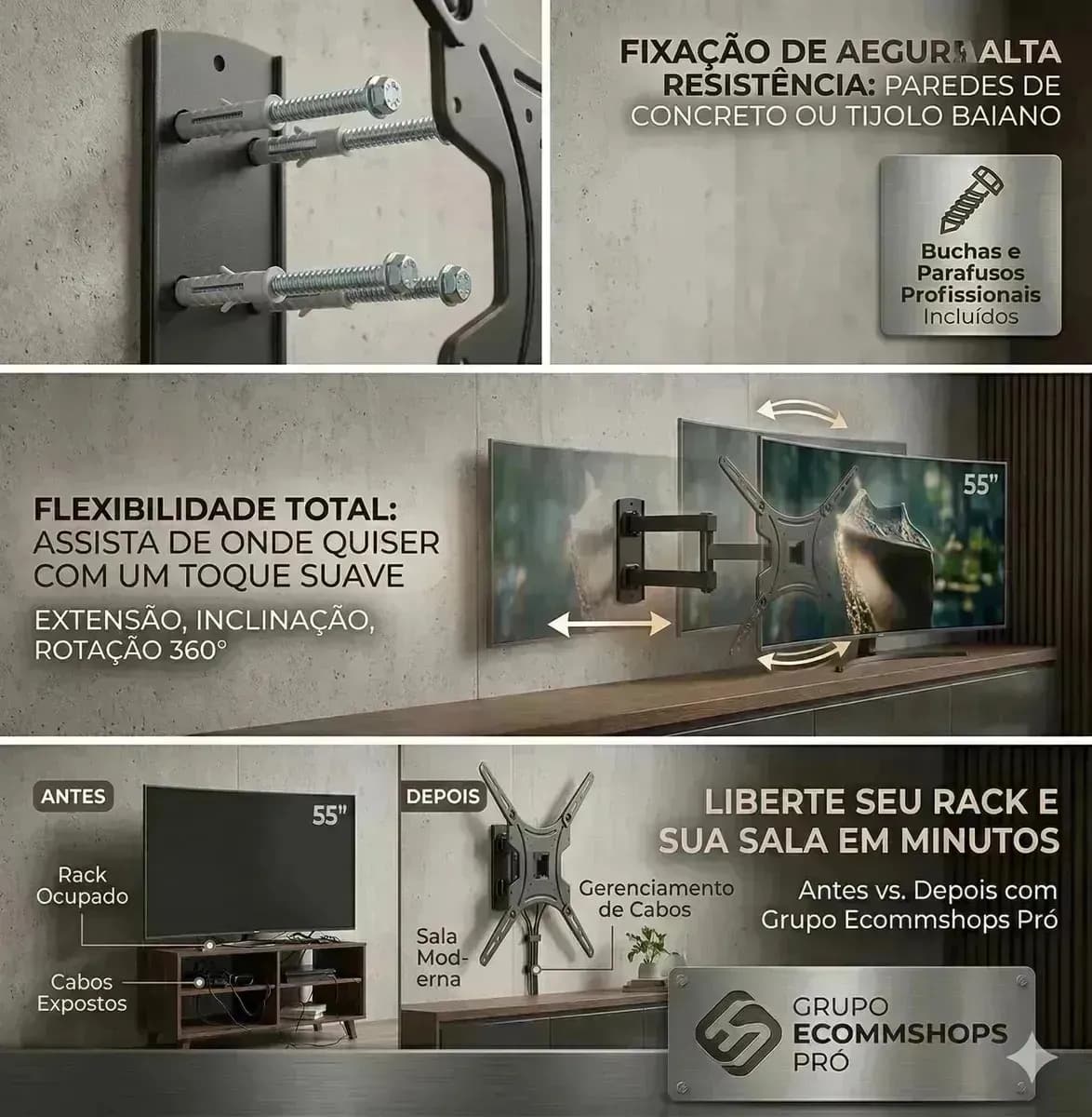 Suporte Tv Tri-articulado Universal Monitor Braço Longo Reforçado Regulável E Inclinável Lcd Led Plasmas 14 A 55 Polegadas Cor Preto Bamduu — imagem 6