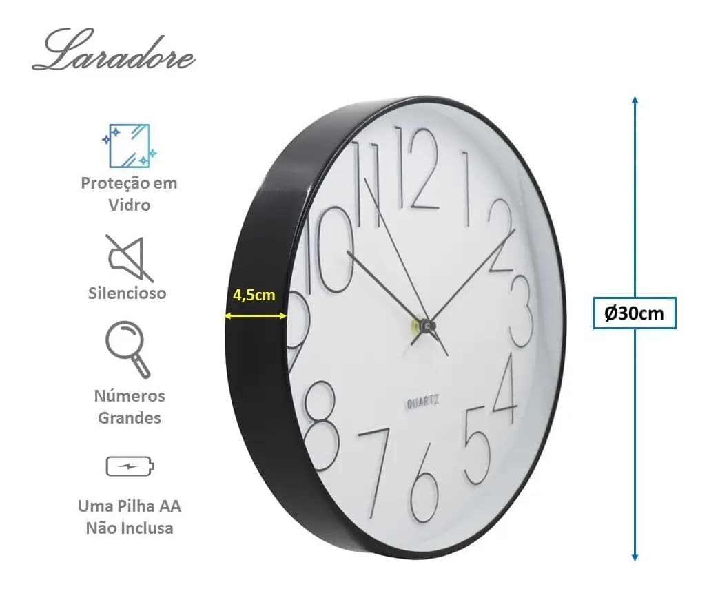 Relógio De Parede 30cm Para Cozinha, Sala - Preto E Branco — imagem 5