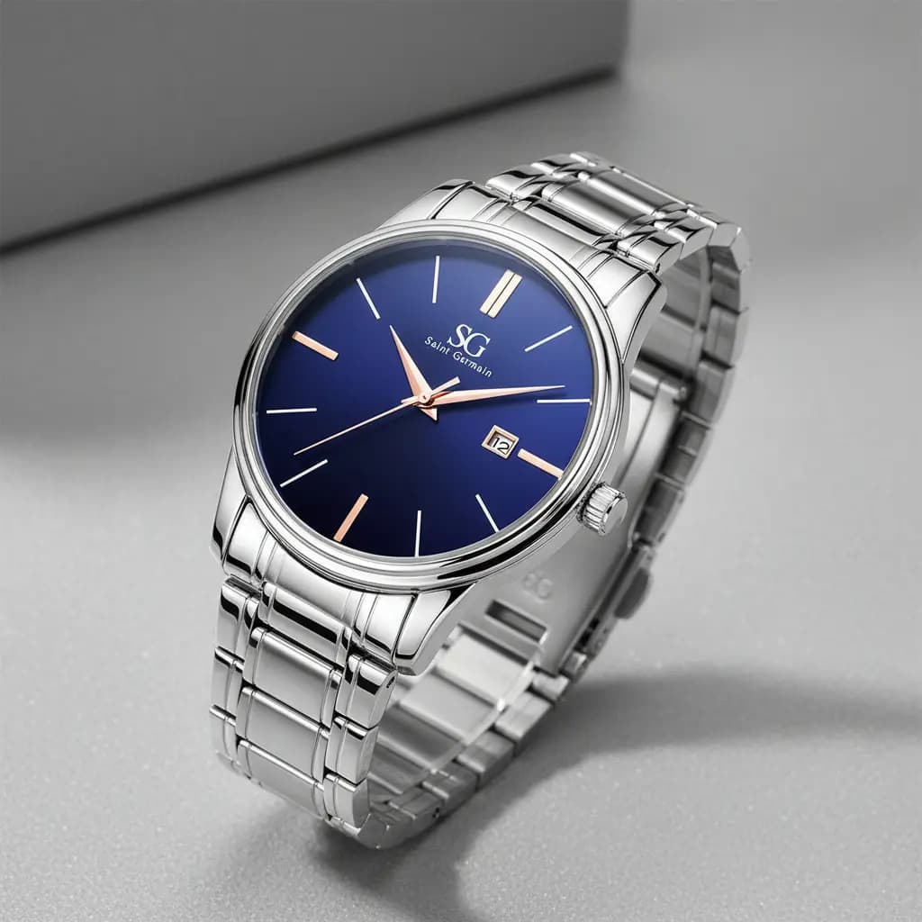 Relógio Masculino Clássico Pulseira Prata Correia Prateada Bisel Prateado Fundo Azul Marinho Saint Germain 42mm Elegante Detalhes Bronze — imagem 5