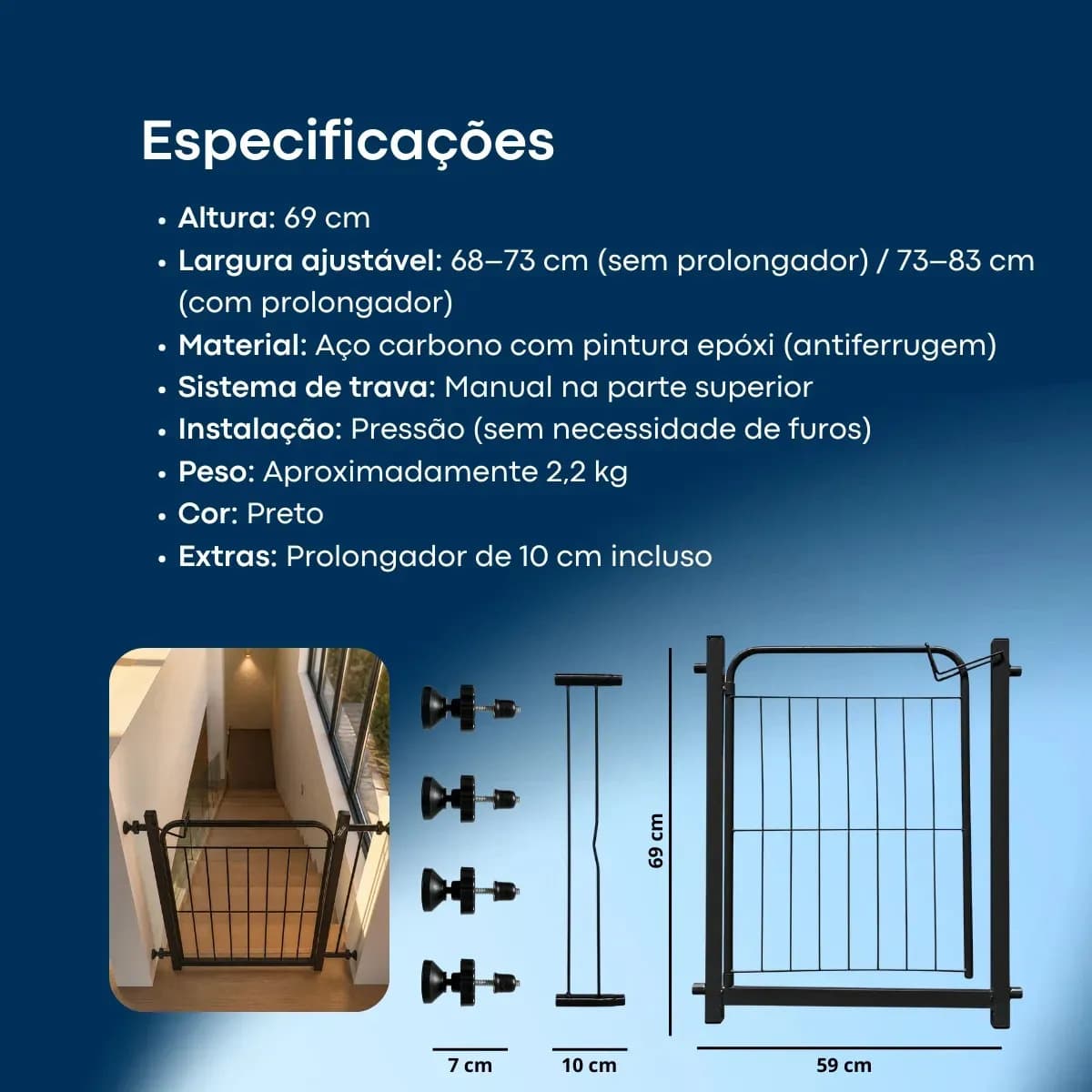 Portão Segurança Preto Pet Cachorro Crianca Ajustavel de 68 A 83cm Sem Furo Grade aramado 69cm de altura Açomix — imagem 2
