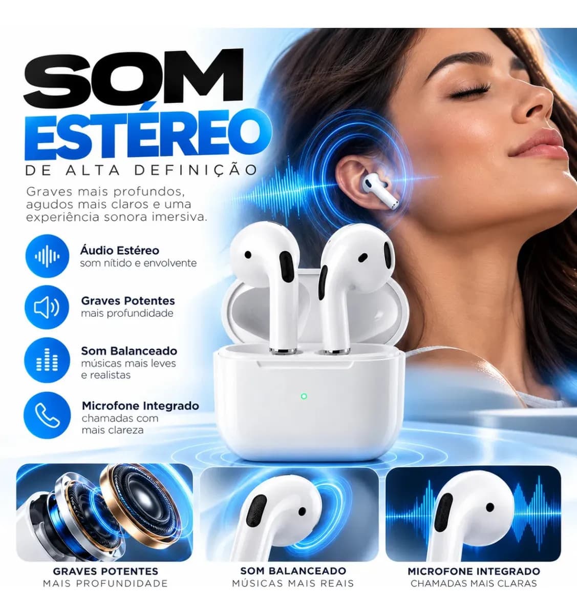 Fone De Ouvido Bluetooth Bateria de Longa Duração Pro 4 Branco Conecta Rápido Fast Plug Com Case Carregador E Microfone — imagem 2