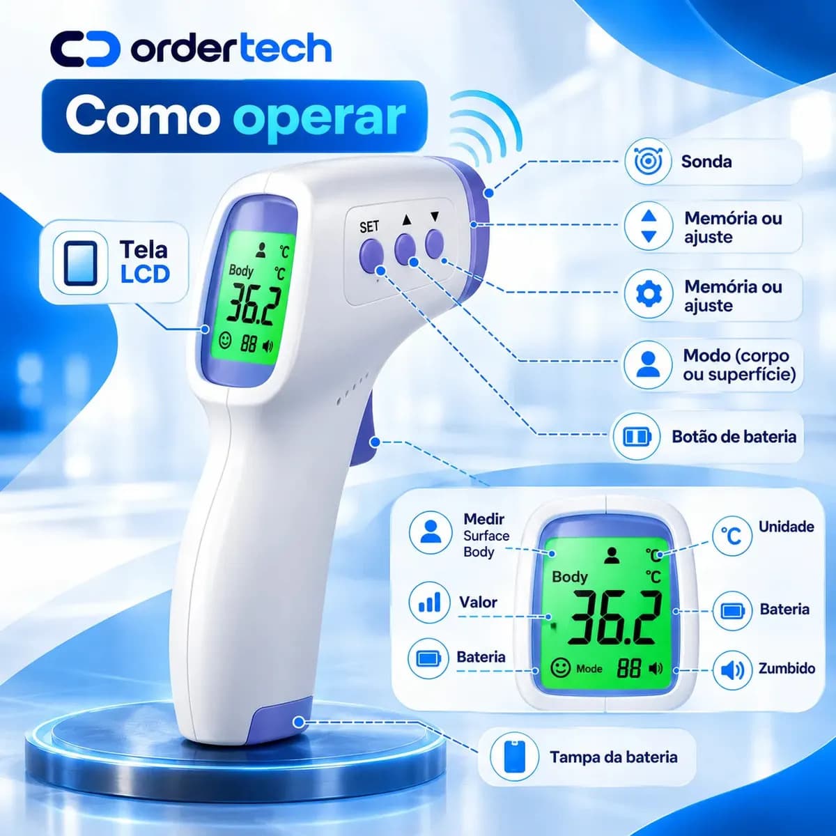 Termômetro Infravermelho Sem Contato Digital Medição Rápida Alta Precisão Display Lcd Memória Alarme Sensor Ordertech — imagem 6