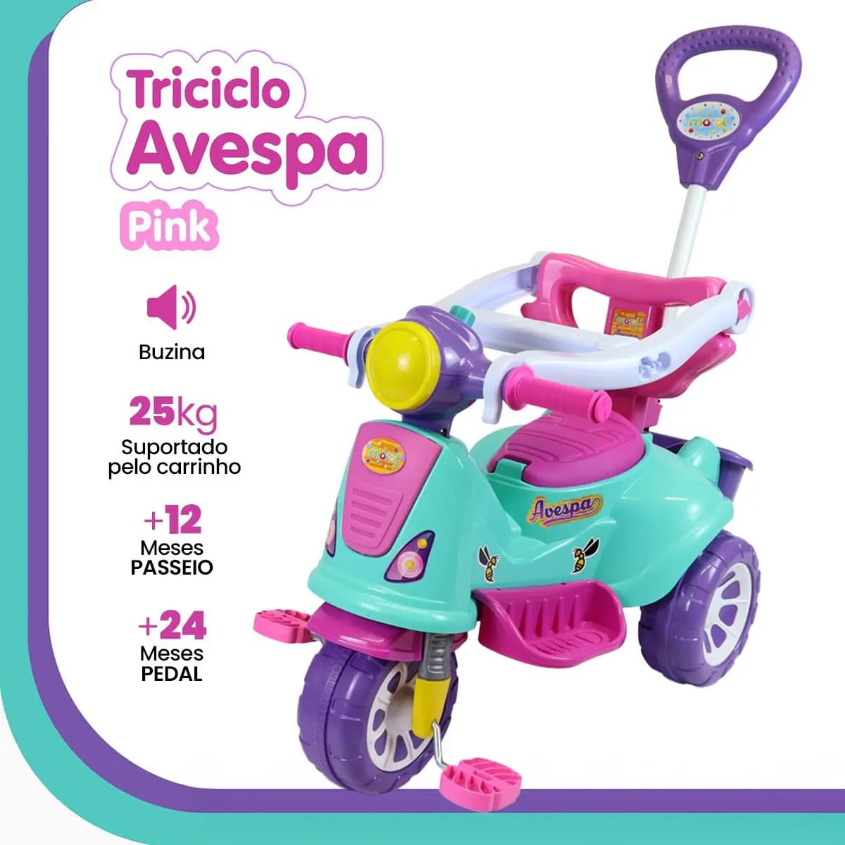 Triciclo Infantil Rosa Maral 2 em 1 Passeio e Pedal com Buzina — imagem 3