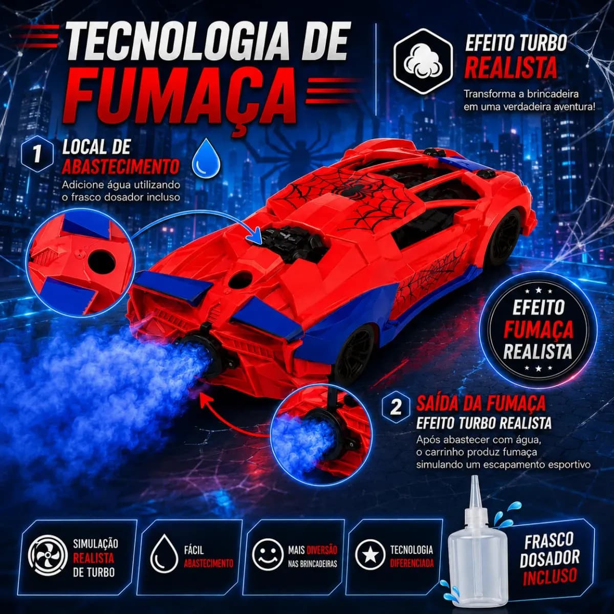 Carrinho de Controle Remoto Homem Aranha c/ Fumaça e Luzes Brinquedo Divertido Presente Dia Crianças Flow Dimension — imagem 6