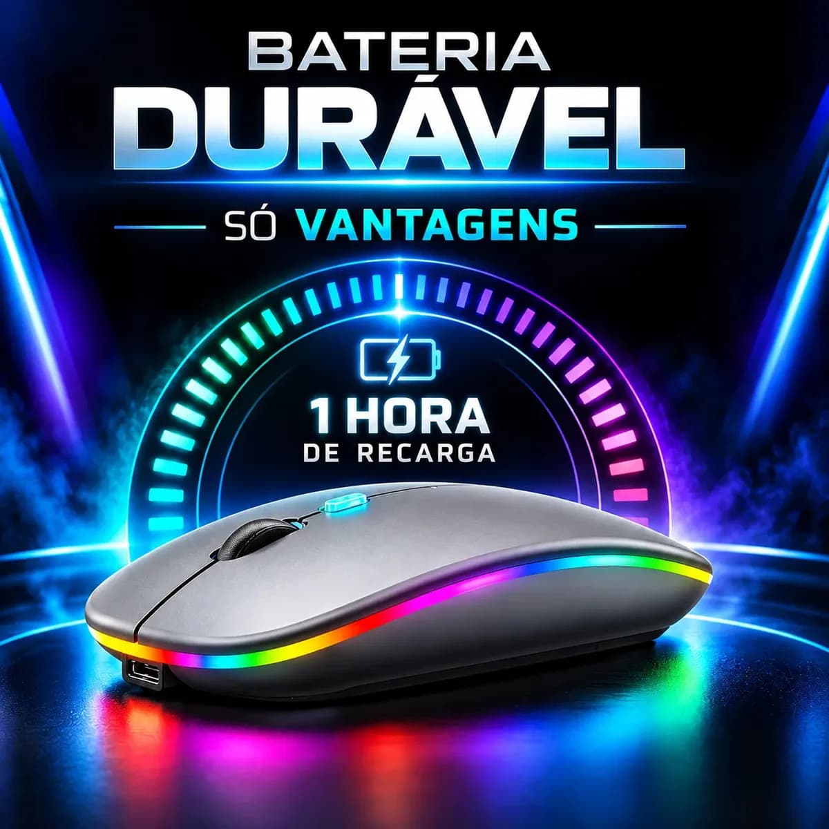 Mouse Sem Fio Recarregável Wireless Optico Led Rgb Ergonômico Sem Fio Para Pc Desktop Notebook Tablet Smartphone Cinza — imagem 5