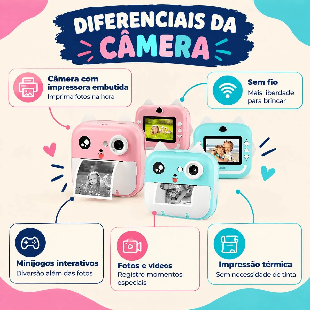Câmera Digital Infantil TechRyse de Impressão Instantânea com Filmadora e Jogos - Verde-Ciano — imagem 5