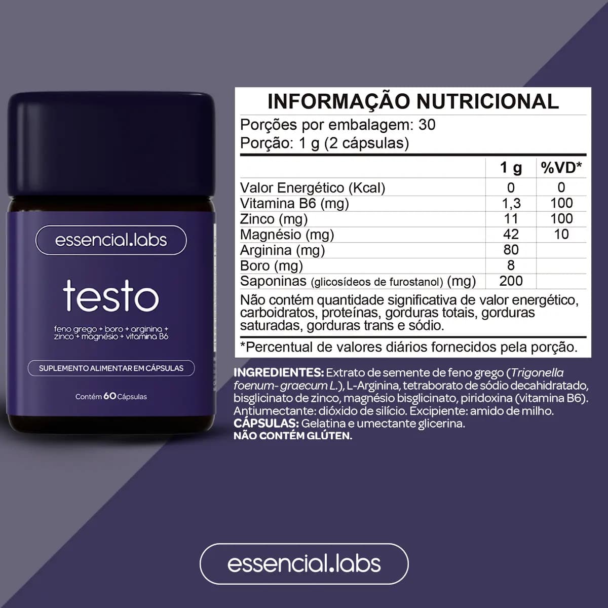 TESTO ESSENCIAL - Fórmula Avançada com Feno Grego, Boro, Arginina, Zinco, Magnésio e Vitamina B6 - 60 Cápsulas — imagem 5