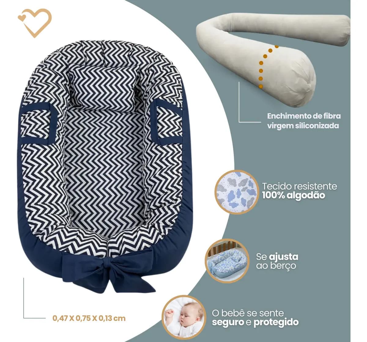 Ninho Redutor Para Bebê Recém-nascido Maternidade Super Macia Conforto E Proteção - Chevron Azul Marinho — imagem 3