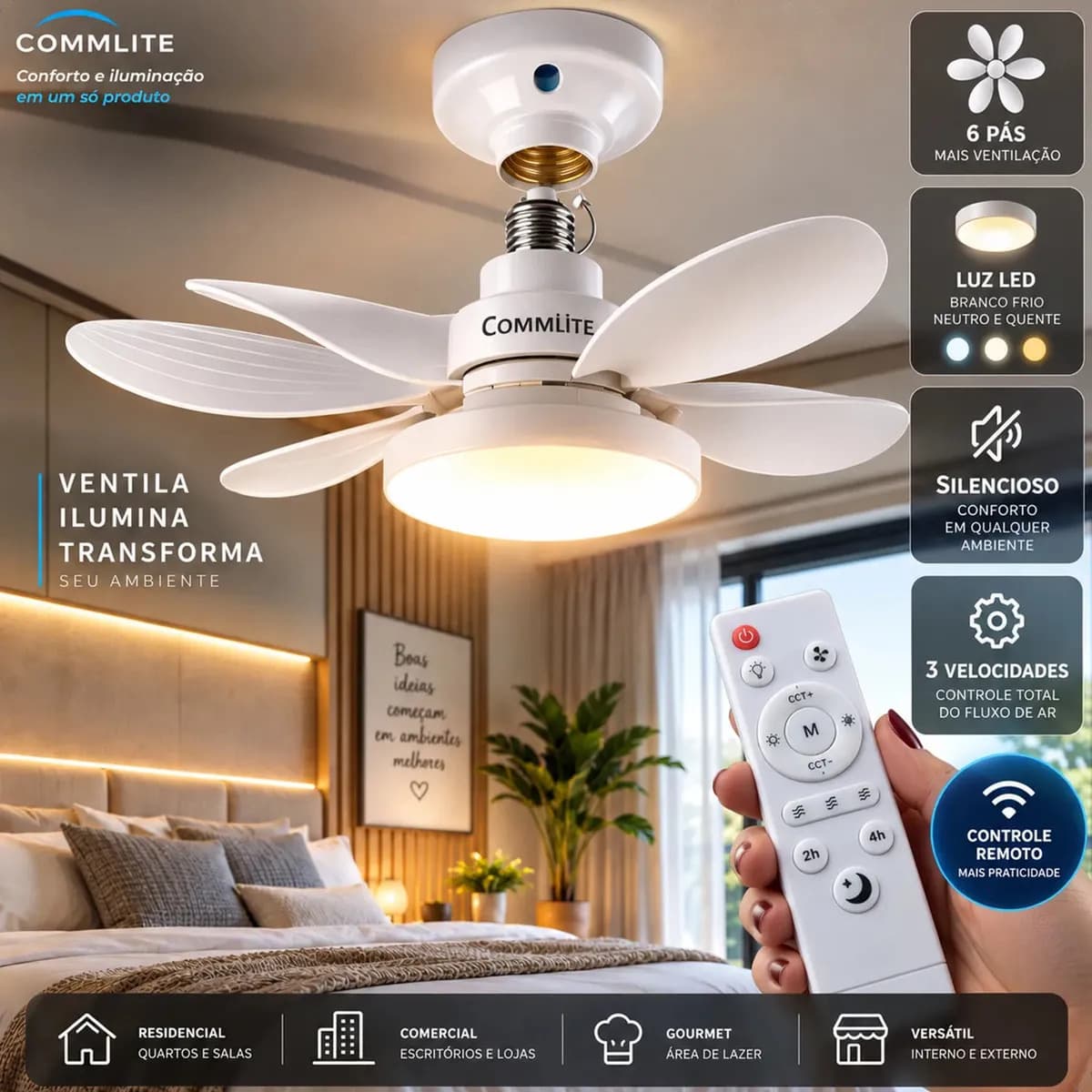 Ventilador de Teto 60W Silencioso Lâmpada Forte com LED, Controle e 6 Pás Soquete E27 Para Residencial Comercial Interno Externo Quarto Sala Cozinha Escritório 