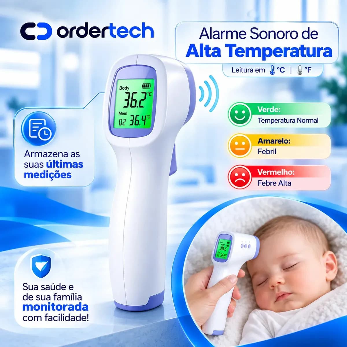 Termômetro Infravermelho Sem Contato Digital Medição Rápida Alta Precisão Display Lcd Memória Alarme Sensor Ordertech — imagem 4