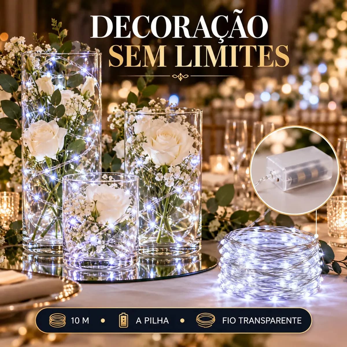 Fio De Fada 100 Leds 10 Metros Ip44 Bateria Cordão Pisca Luzes Festa Decoração Árvore Natal Branco Frio Luvinco — imagem 3