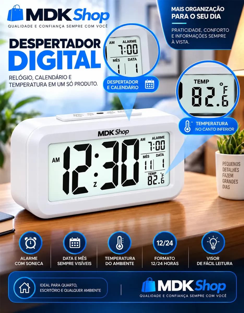 Relógio Digital Mesa Despertador Inteligente Cabeceira Quarto Idoso Com Sensor De Temperatura Micgeek — imagem 4