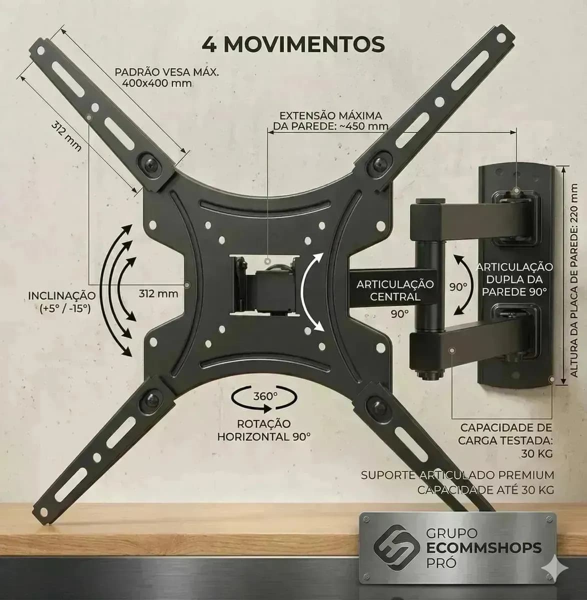 Suporte Tv Tri-articulado Universal Monitor Braço Longo Reforçado Regulável E Inclinável Lcd Led Plasmas 14 A 55 Polegadas Cor Preto Bamduu — imagem 4