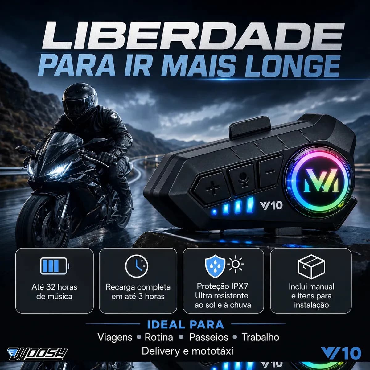 Fone De Ouvido Para Capacete Intercomunicador Bluetooth Headset Rgb Sem Fio Música GPS Chamadas Handsfree Alta Potência Woosh — imagem 6