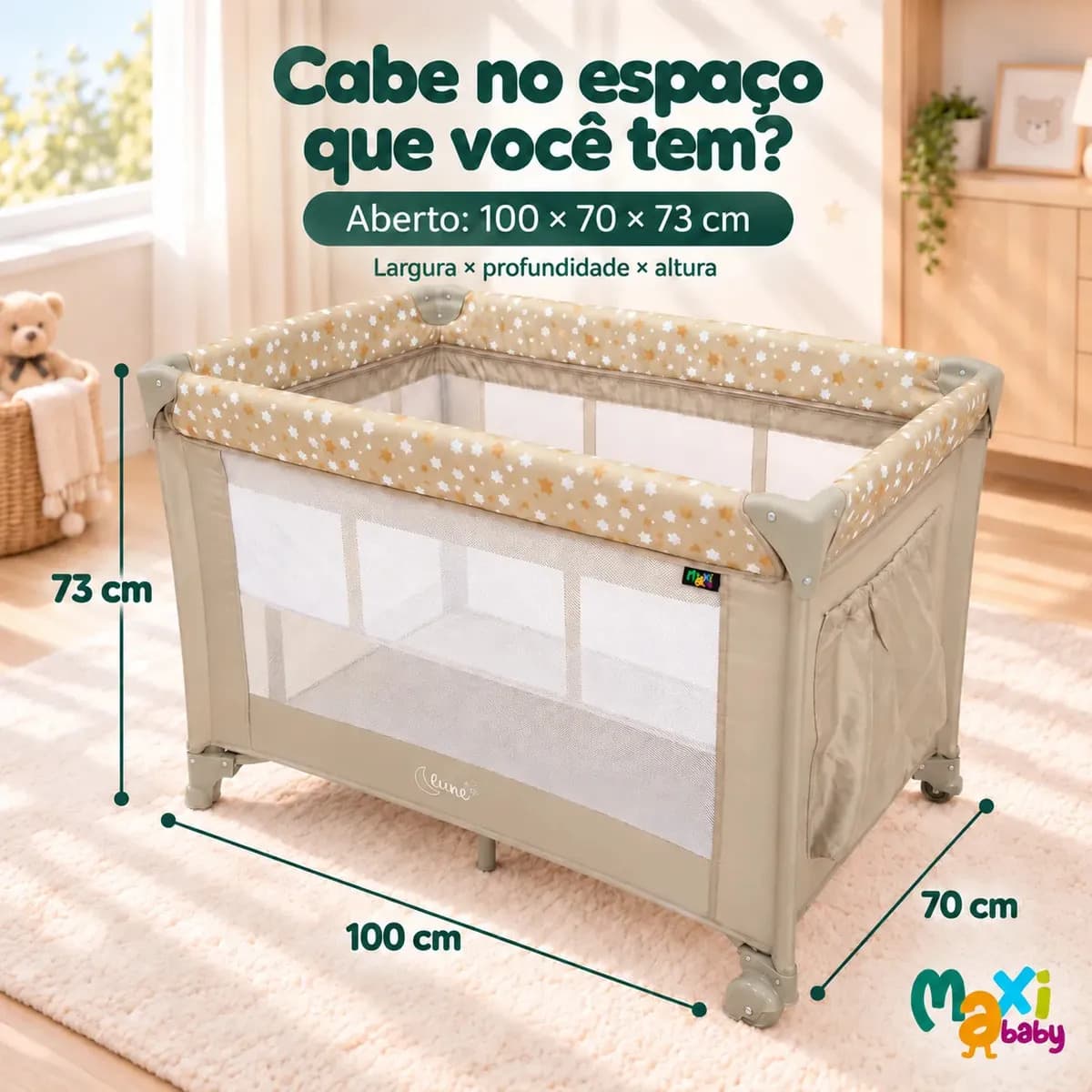 Berço Portátil Infantil Cercado Desmontável Lune Maxi Baby - BEGE — imagem 3