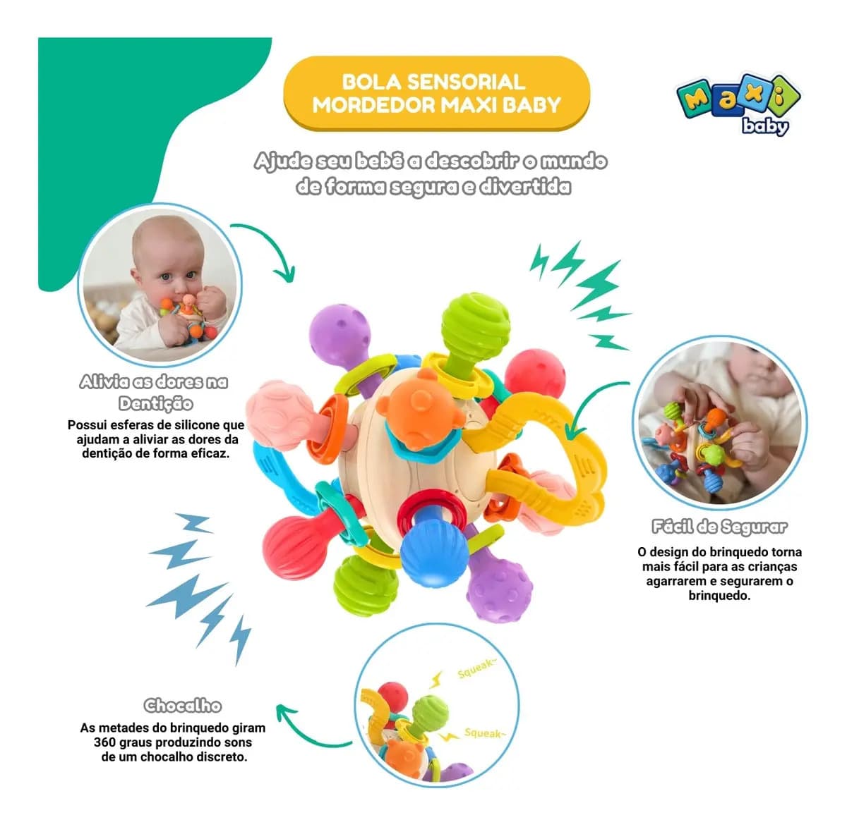Mordedor Chocalho Bebê Bola Sensorial Massageador Maxi Baby — imagem 3