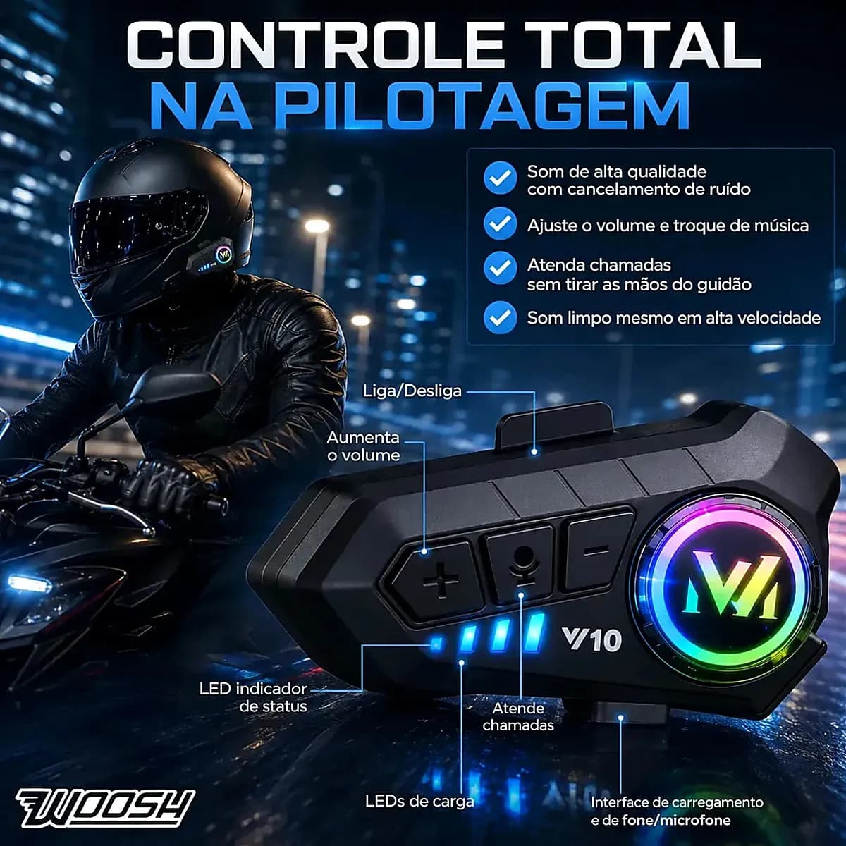 Fone De Ouvido Para Capacete Moto Bluetooth Motoboy Headset Rgb Sem Fio Comunicador Woosh — imagem 2