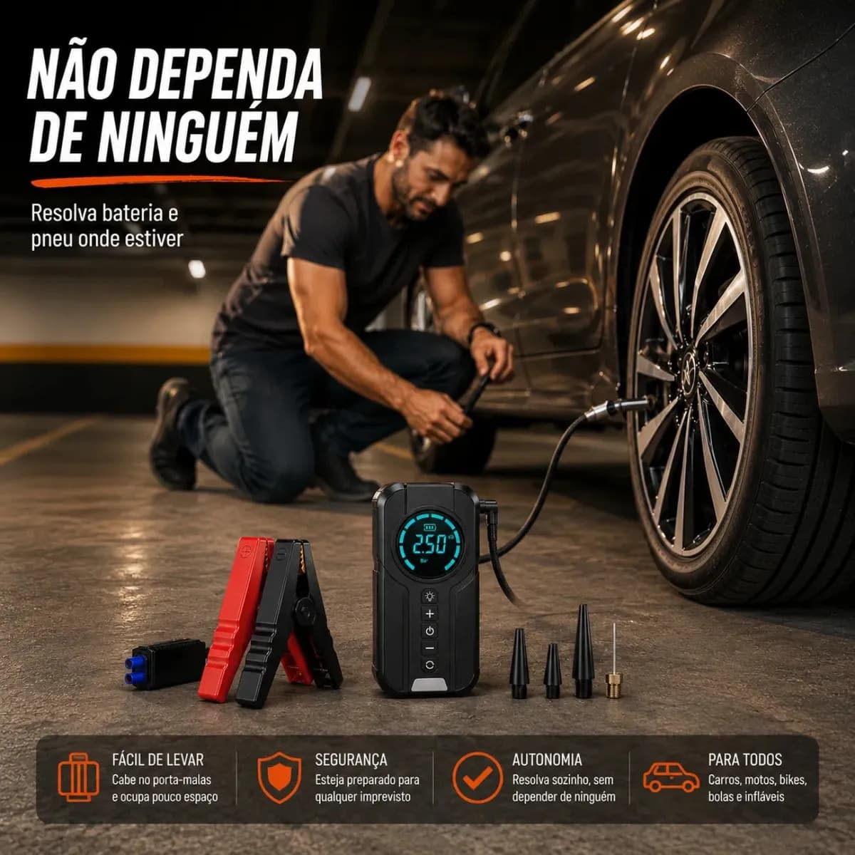Auxiliar De Partida Bateria Com Compressor De Ar 150 Psi Calibrador Digital De Pneu 12V 4 Em 1 Recarregável Bivolt Inflador Mangueira Para Carro Caminhonete SUV — imagem 6