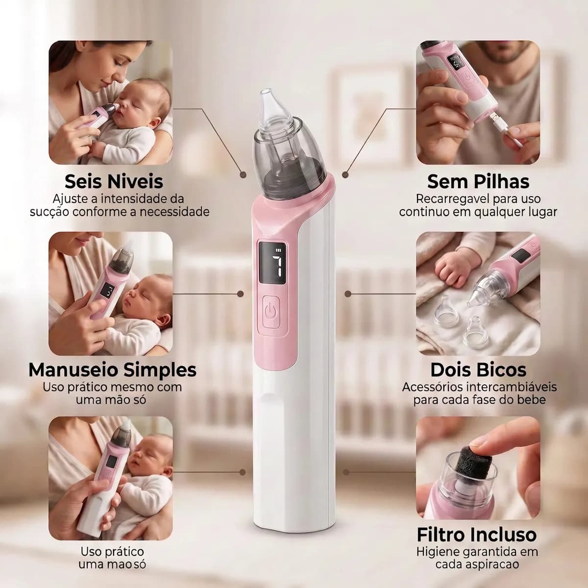Aspirador Nasal Elétrico Infantil Recarregável Sugador Nasal Bebê 6 Níveis de Sucção 2 Bicos Cabo USB Livre de BPA Inclui Filtro Rosa para Higiene e Limpeza do  — imagem 3