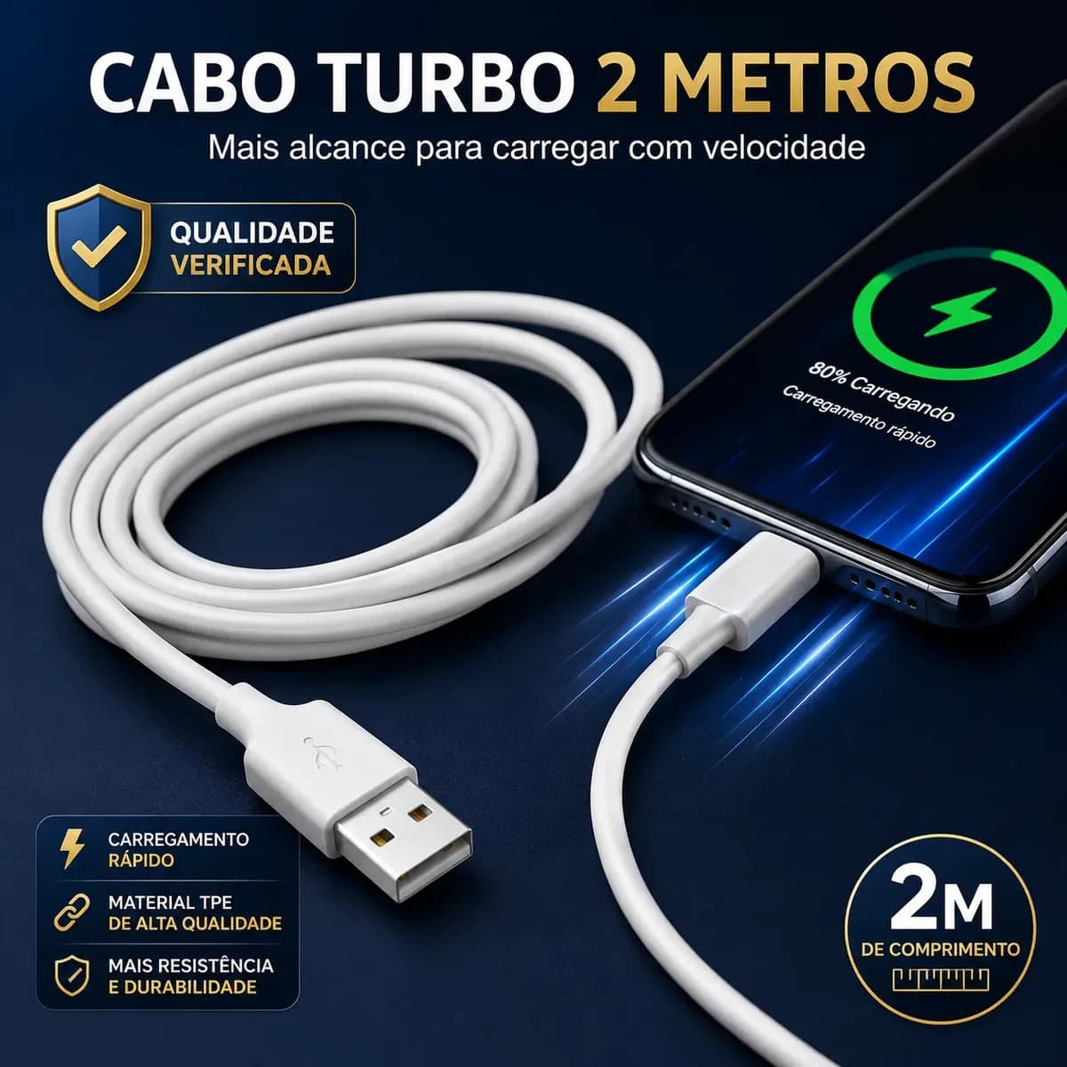 Cabo Carregador Turbo Usb 2 Metros Compatível Com iPhone 6 7 8 X Xr Xs 11 12 13 14 Pro Max iPad E iPod Ultra Resistente Design Clássico Carregamento Rápido Sinc — imagem 2