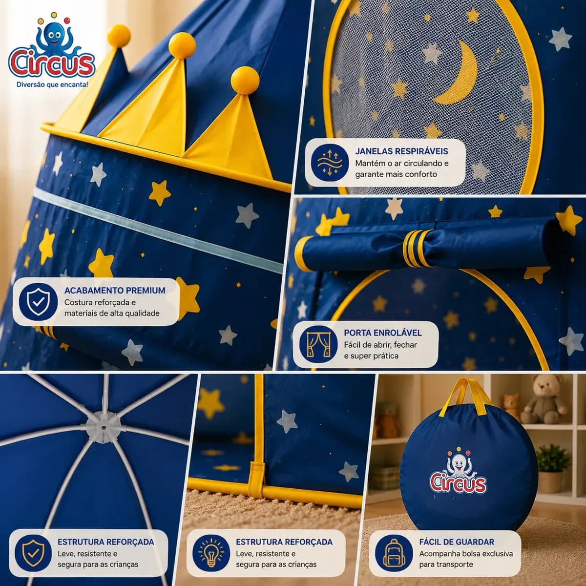 Barraca Infantil Cabana Tenda Festa Do Pijama Menino Criança Bebê Iglu Portátil Circus Azul — imagem 5